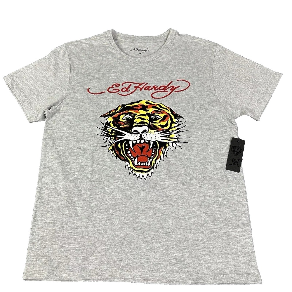 NEW Ed Hardy T Shirt Tiger Mens XL x-Large Gray Logo Spell Out Short Sleeve
